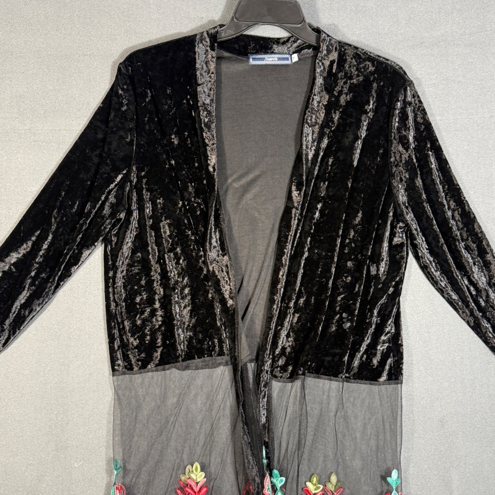 Highness Cardigan Women 1X Blk Velvet Mesh Embroidered Longline Open Front Boho